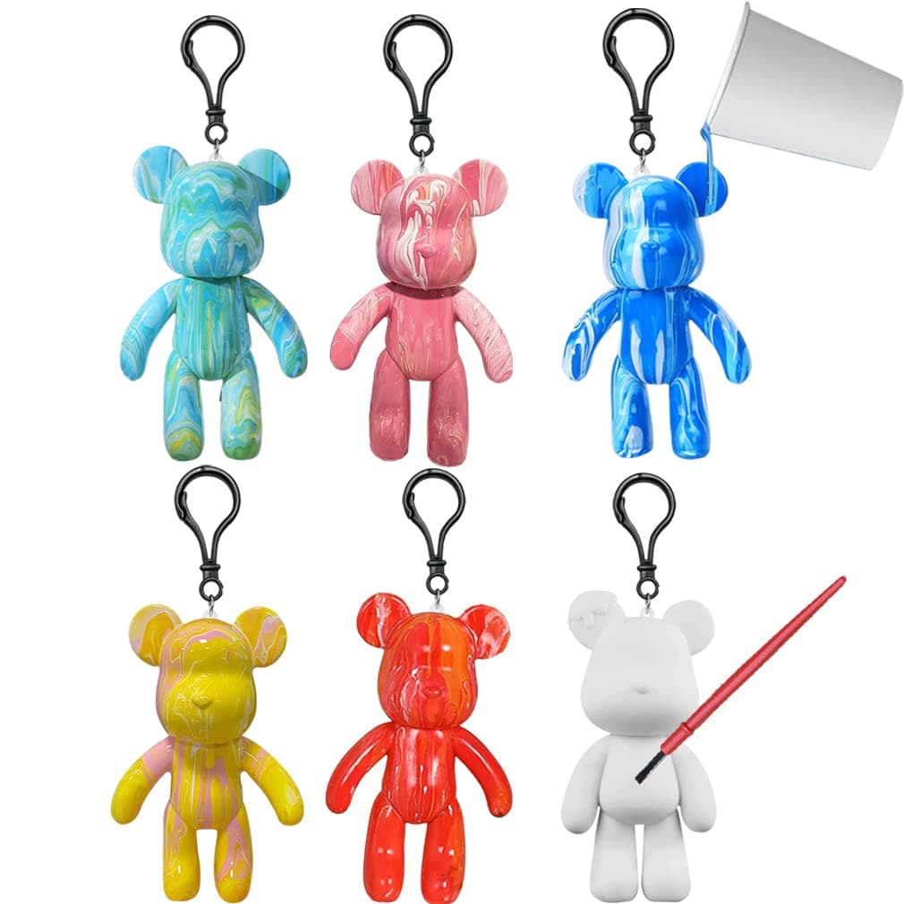 Compatible for 6 Pack DIY Fluid Bear Keychain,DIY Fluid Art Bear Key Chain DIY Cute Bear Models for Drawing Painting Graffiti DIY Painting Fluid Bear DIY White Bear Figure Doll Model Gift