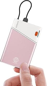 Aaoyun Power Bank, Smallest 5000mAh Portable Charger with Built-in USB C in&Out Fast Charging Cable, Compact Super Slim Mini Battery Pack for iPhone 16/15/14 Samsung S24 with Lanyard, Pink