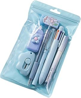 7 Pcs Cute Blue Stationery Set Kawaii School Supplies Office Supplies Including Ballpoint Pens Pencil Sharpener Highlighter Correction Tape Ruler Utility Knife (Blue)