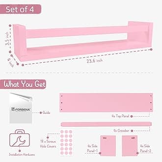 Forbena Large Pink Kids Book Shelves for Girls Room Wall Set of 4, Floating Nursery Book Shelf for Baby Girl Deocr, 24 Inches Long Wall Mounted Bookshelf for Toddler Kid Child Teens Bedroom (Pink)