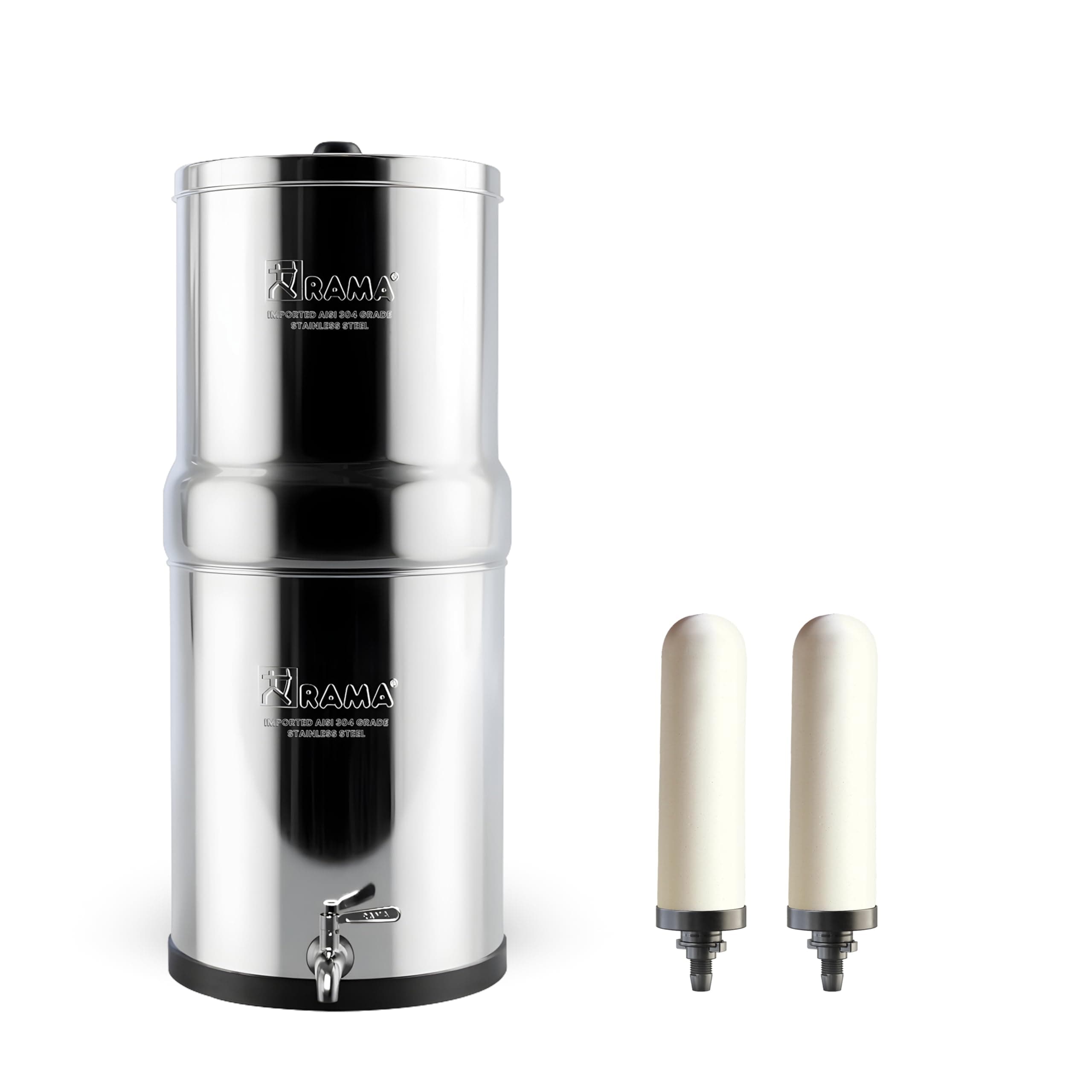 - RAMA Gravity Water Filter | 17L Total Capacity (8L Storage) | 304 Stainless Steel Non-Electric Water Purifier Filter for Home | Includes 2 Spirit 7" Ceramic Candles & Steel Tap | 10-Year Warranty
