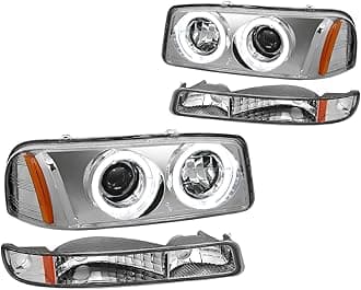 PM PERFORMOTOR Chrome Housing Amber Corner LED U-Halo Projector Headlight Replacement Compatible With 99-07 Sierra 1500/01-07 Sierra 2500 HD / 3500/1500 HD, PMHL-GSIE-9906-4P-HA-P-CA