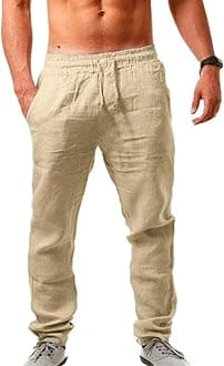 Mens Linen Trousers Cotton Jogging Bottoms | Elastic Beach Pants Comfortable Lightweight Pants | Loose Fit Drawstring Trousers Casual Yoga Pants | Baggy Pants with Pockets Straight