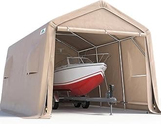 ADVANCE OUTDOOR 10X15 ft Garage Shelter Steel Metal Peak Roof Portable Storage Shed Carports for Motorcycle Boat, or Garden Tools with 2 Roll up Doors & Vents, Beige