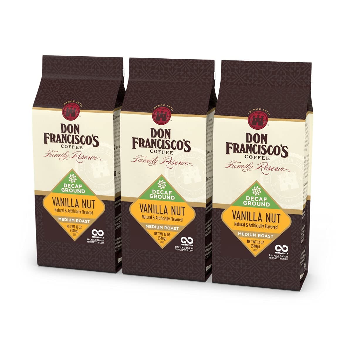 Don Francisco's Decaf Vanilla Nut Ground Coffee, Medium Roast – 100% Arabica, Flavored Coffee, 3-Pack of 12 oz Bags