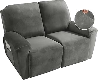 Recliner Loveseat Slipcover, 6 Pieces Stretch Velvet Reclining Sofa Cover, 2 Seater Love Seat Recliner Couch Cover, Thick, Soft, Washable Furniture Cover (Loveseat Recliner, Gray)