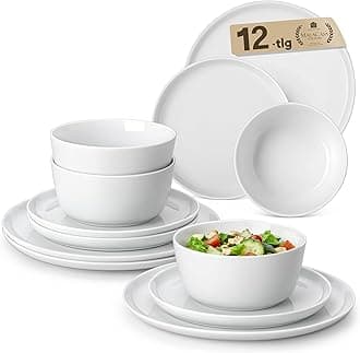 MALACASA12 Pieces Gourmet Porcelain Dinnerware Sets, Premium Plates and Bowls Set, High-Fired Ceramic Dishes Set for 4, Chip & Scratch Resistant, Microwave Dishwasher Safe, White, Series LEXI