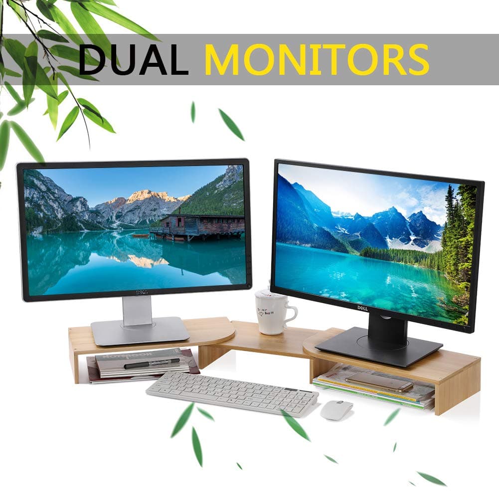 Bamboo Dual Monitor Stand Riser with Angle Adjustable，2 Computer Screen Stand with Storage Organizer for Laptop，Computer or TV