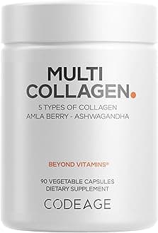 Codeage Multi Collagen Peptides Protein Capsules, 5 Collagen Types, Grass-Fed & Hydrolyzed Bovine Collagen Pills Supplement, Ashwagandha, Amla Berry Vitamins, Collagen Peptides - 90 Capsules