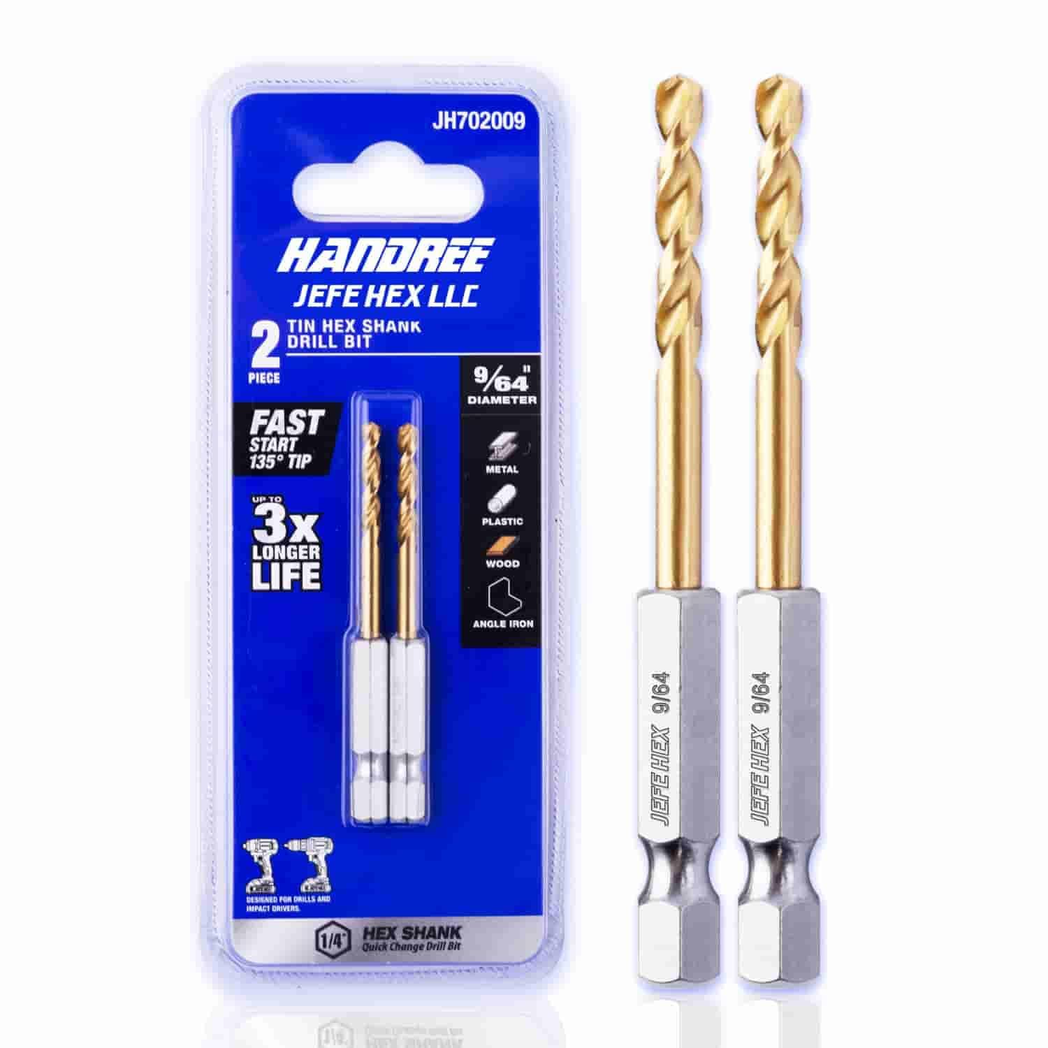 9/64" HSS Hex Shank Drill Bits, Titanium Coated Twist Power Tool Accessory. 135 Degree Split Point Drill for Plastics, Copper, Wood, Steel, Aluminum Alloy Cutting (Pack of 2)