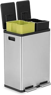 Simpli-Magic 60 Liter / 16 Gallon Rectangular Hands-Free Dual Compartment Recycling Kitchen Step Trash Can with Soft-Close Lid, Brushed Stainless Steel (30L x 30L Capacity)
