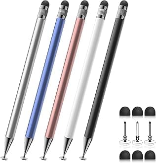 Stylus (5 Pcs), 2-in-1 Stylus Pen for Touch Screen, High Precision and Sensitivity, Suitable for iPhone/ipad/Android Tablets, Compatible with Touch Screens (Black/White/Blue/Rose Gold/Silver)