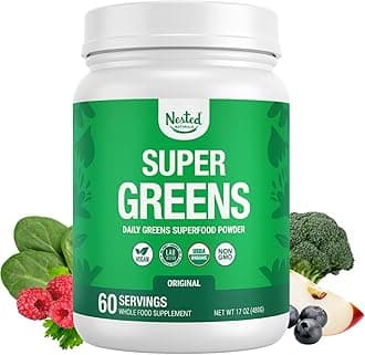 Nested Naturals Super Greens Daily Superfood Powder - Certified USDA Organic Green Powder w/20+ Whole Foods, Spirulina Powder, Wheat & Barley Grass - Probiotics, Fiber & Enzymes - Original Flavor, 60