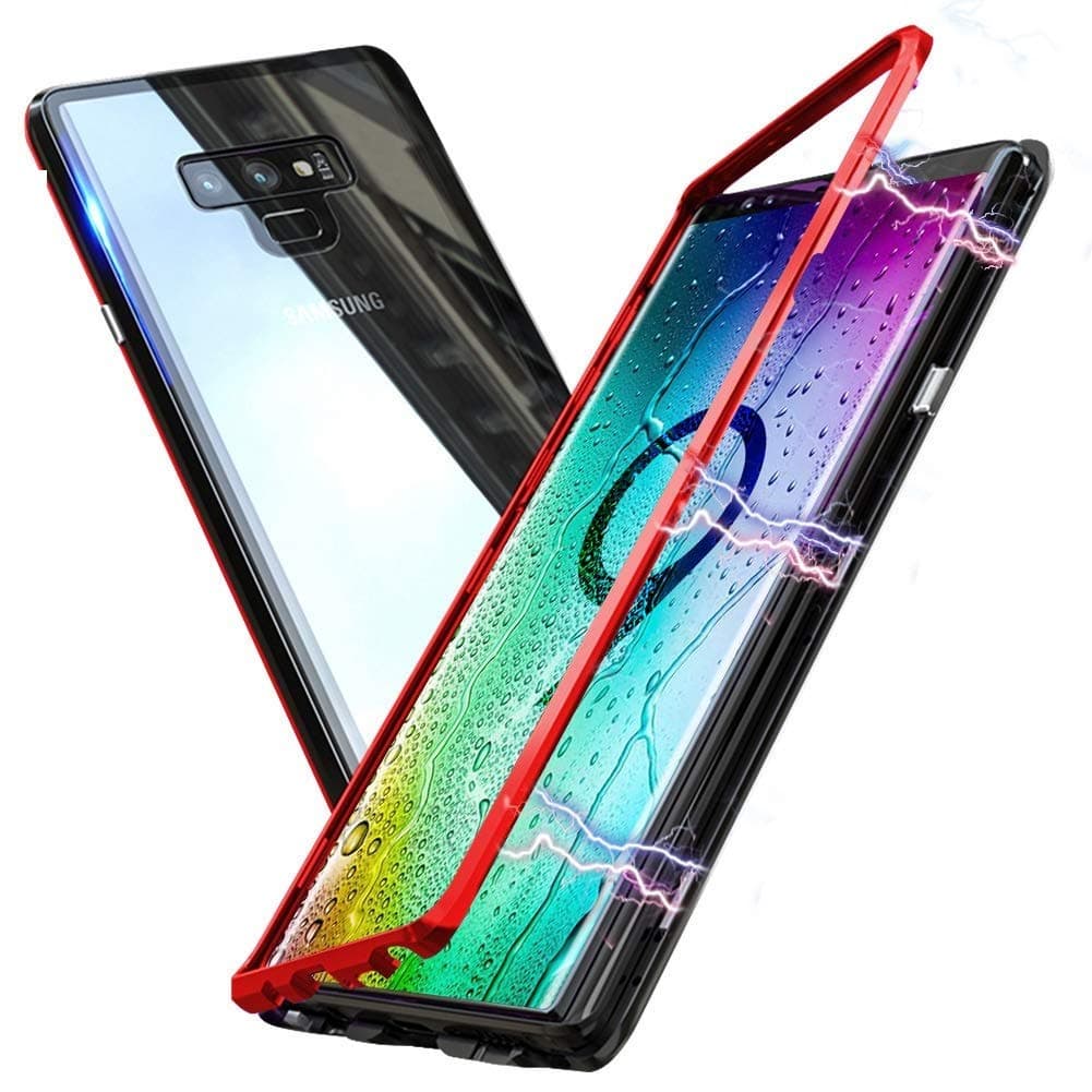 Magnetic Adsorption Case for Galaxy Note 9,Clear Tempered Glass Hard Back Cover [Built-in Magnets Metal Bumper Frame],360° Protection Ultra Slim Phone Case for Samsung Galaxy Note 9 6.4''[Red&Black]