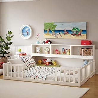 Montessori Floor Bed/Twin Size with Bedside Bookcase & Shelves for Girls & Boys,Kids,Wood Frame/Safety Guardrails & Easy to Assemble/No Box Spring Needed, White
