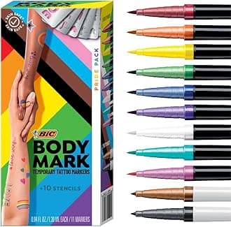 Bodymark by BIC, Temporary Tattoo Marker, Pride Pack, Skin-Safe, Mixed Brush Tip & Fine Tip, Assorted Colors, 11 Markers + 10 Stencils