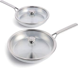 Merten & Storck Tri-Ply Stainless Steel 10" & 12" Frying Pan Skillet Set with Glass Lids, Professional Cooking, Multi Clad, Drip-Free Pouring Edges, Browning, Induction, Durable,Oven & Dishwasher Safe