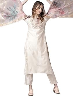 INDO ERA Women's Embroidered Rayon Viscose Straight Kurta with Pant & Dupatta Set