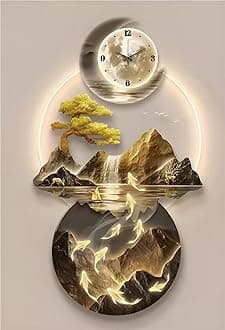 Modern 3D Wall Art Sculpture with LED Light, Plug-in Clock Home Decor, UV Engraved Wall Hanging for Bedroom, Living Room, Apartment(E,23.6"x47.2")