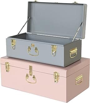 Vixdonos Decorative Metal Box Storage Trunks Set of 2 College Dorm Chest with Lock Hole,23.7X14.2X9.5 Inches(Grey and Pink)