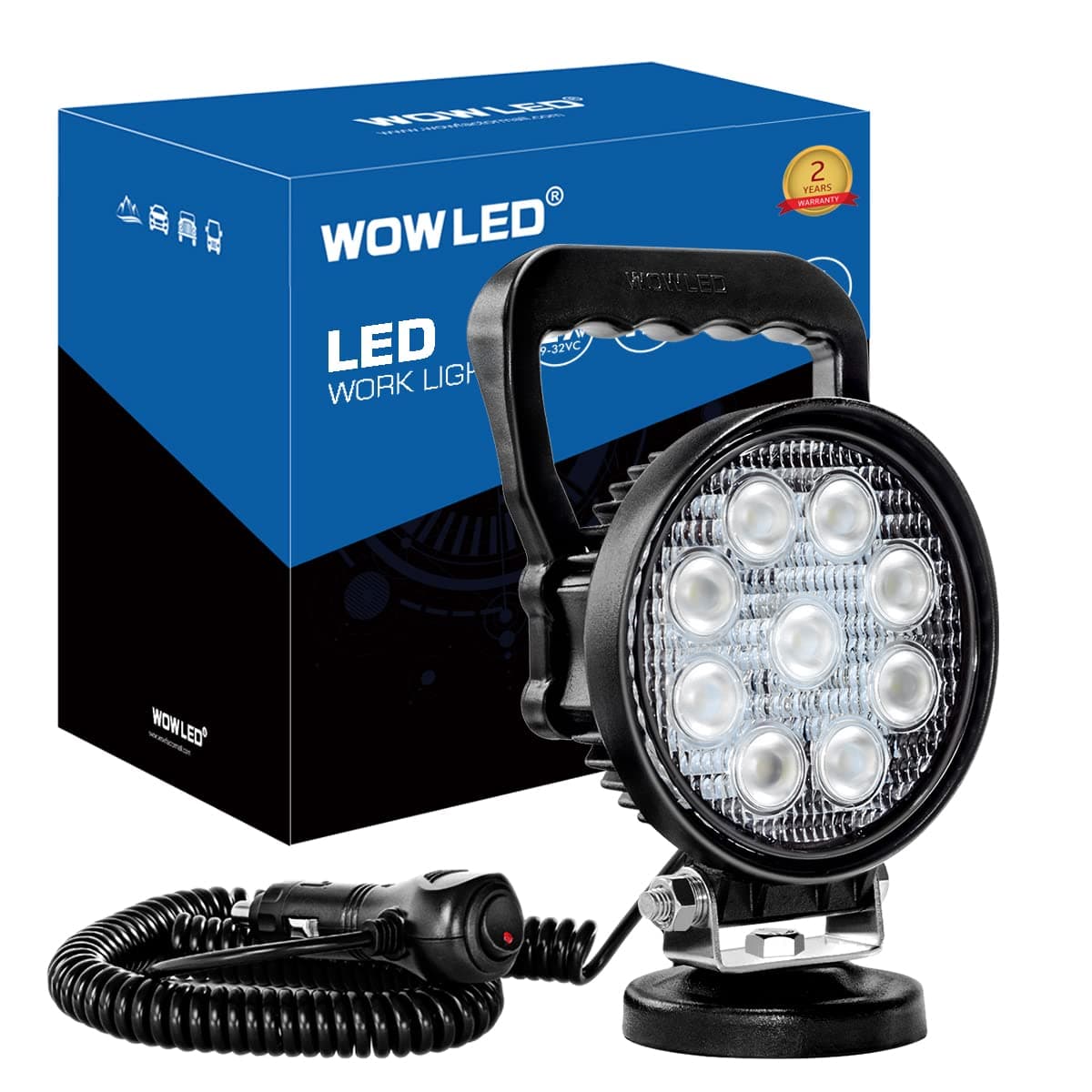 – 12V 24V 27W Round Magnetic Base LED Work Light Floodlight Offroad Driving Work Lamp Bar Flood Beam Fog Light for Car Truck Boat 4x4 IP67 Camping Light Lamp