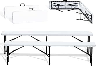 Real Relax 6FT Folding Bench, 2 Pack Portable Bench with Handle and Non-Slip Pad, Waterproof Camping Bench for Garden, Picnic, Indoor Outdoor Entertaining, White