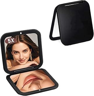 Small Compact Mirror for Purse,5X/1X Travel Magnifying Mirror for Women, Makeup Mirror for Girls, Portable Ultra Slim Pocket Mirror（Black）