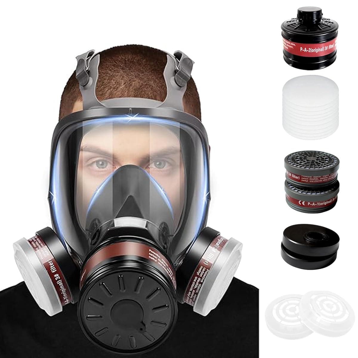Gas Masks with 10 Replacement Activated Carbon Filter Sheets, Gas Mask for Men, Reusable Full Face Respirator Mask Reusable Respirator Mask for Painting, Woodworking, Construction, Spraying