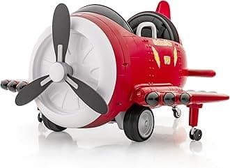 GYMAX Kids Ride on Car, 12V Battery Powered Car with Remote Control, Joysticks, Folding Airfoils, Rotary Propeller, Sounds, Music, USB & Wireless, Electric Airplane Toy for Boys Girls (Red + White)
