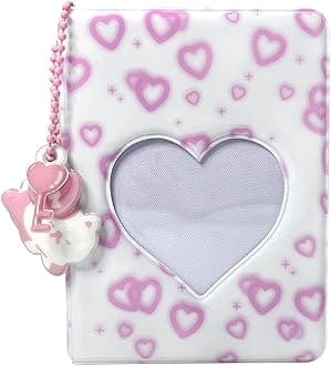 3 Inch Mini Photo Album, Heart Hollow Card Binder Photo Album Kpop Photo Card Holder with Pendant 40 Pockets (pink love heart)