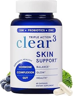 Clear Skin Supplement with Zinc, DIM & Probiotics | 3-in-1 Balance, Glow & Health Skin Support | Triple Action Hyaluronic Acid, Niaciminide & Vitamins for Hormone, Complexion & Gut Support | 60 Ct
