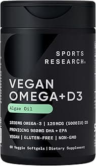 Sports ResearchVegan Omega-3 with Vitamin D3 Softgels - 630mg EPA+DHA & 125mcg D3 Supplement - Fish Oil Alternative w/Vitamin D - Plant-Based Support from Algae Oil - 60 Veggie Capsules for Adults