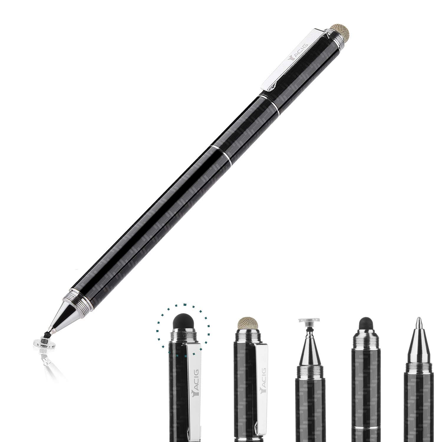 Capacitive Stylus Pen, 4-in-1 High Sensitivity and Precision Touch Screen Stylus Clear Disc Tip,Black Rubber Tip &Mesh Fiber Tip Compatible with Universal Touch Screen Device,Black
