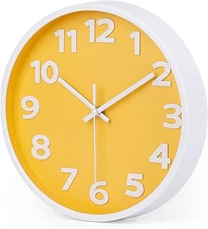 Yellow Wall Clock Modern 10"/25CM,Silent Non-Ticking Quality Quartz Wall Clocks for Kitchen Bedroom Office Home Decor,3D Numbers Easy to Read