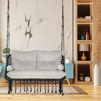 Patiofy Double Seater Swing Chair for Balcony and Home - 2 People Capacity - Includes Large Grey Full Body Sitting Cushion (Black) - Polyester, 20 Cm