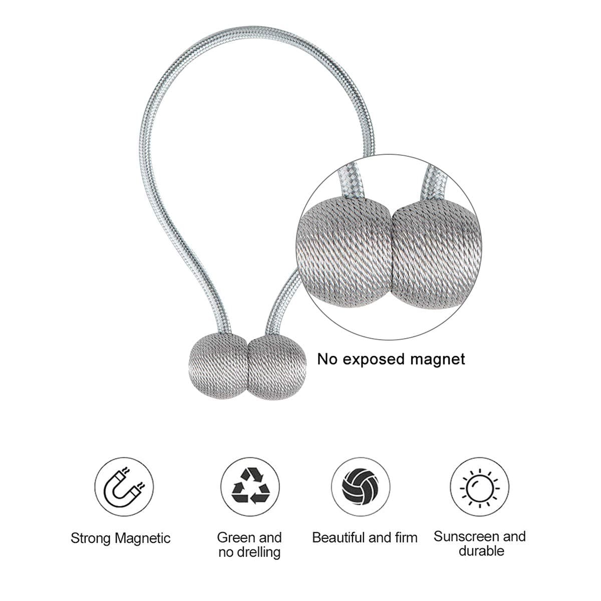 Pro Space Magnetic Curtain Tiebacks, 2 Pack Decorative Weave Rope Holder Holdbacks for Home Kitchen Office Window Sheer Drape 16 Inch Long (Silver Grey)