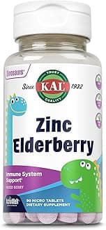 KAL Kids Zinc Elderberry Dinosaurs, Immune Support Supplement* for Children w/Sambucus Elderberry, Fast Dissolving Mixed Berry ActivMelts, Fun, Tasty Dino Shapes, Vegan, 90 Servings, 90 Micro Tablets