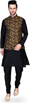Ethluxis® Men's Silk Blend Kurta Churidar Pyjama with Ethnic Bundi Jacket Set