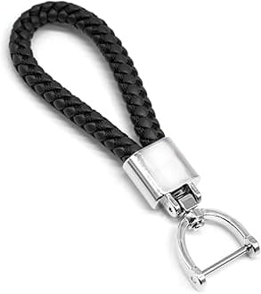 FEYOUN Universal Black Leather Car Fob Keychain Metal Keyring Woven Strap Braided Rope Key Chain for Men and Women - Silver Color, with 360 Degree Rotatable D-ring and Screwdriver