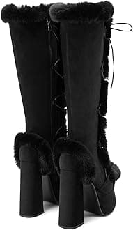 Women's High Chunky Heel Platform Knee High Boots Fashion Leather Lace Up Heeled Long Boots Wide Calf