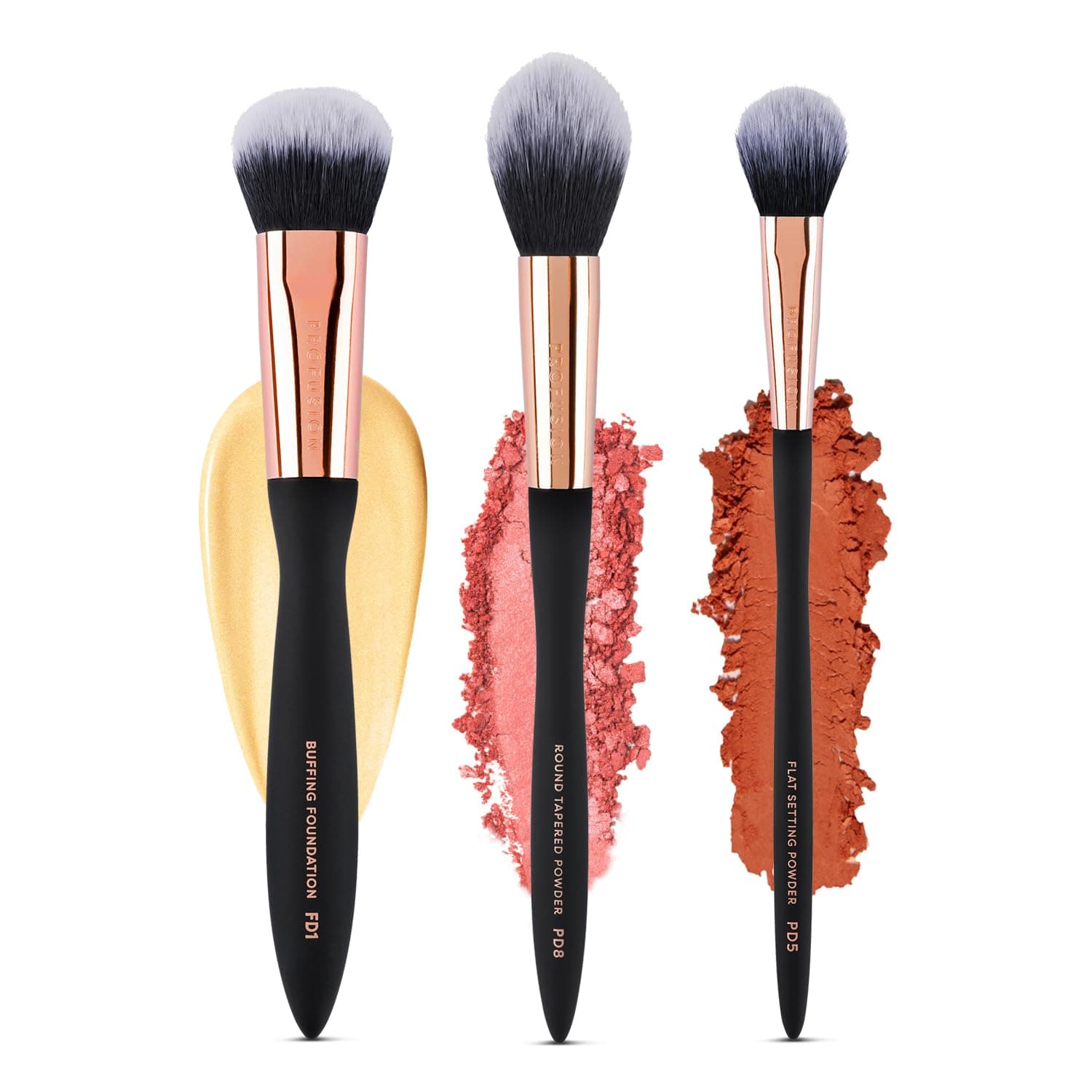 Profusion Cosmetics Artistry Face Essentials 3 Piece Wave Handle Face Brush Set for Flawless and Elegant Look, Enhance Your Beauty with Essential Luxurious Vegan Makeup Brushes