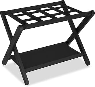 Heybly Luggage Rack, Folding Suitcase Stand with Storage Shelf, Heavy-Duty Luggage Holder for Guest Room Bedroom Hotel, Holds up to 165 lb, Black, HLR010B1