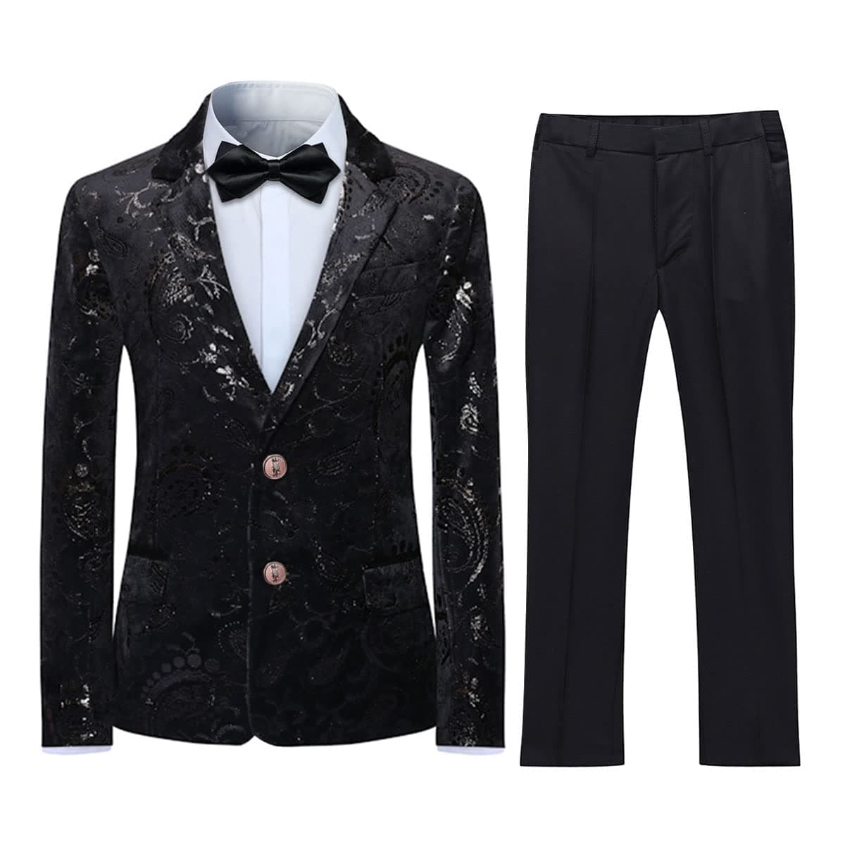 SWOTGdoby Tuexdo 2 Pieces Gold Jacquard Slim Fit Formal Suit Jacket Pants Suit Set for Wedding Prom Party