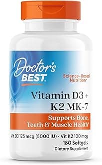 Doctor's Best Vitamin D3 5,000 IU + K2 MK-7 100 mcg, Supports Bone, Teeth & Muscle Health, and Heart Health, Non-GMO, Gluten Free, 180 Softgels