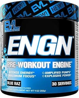 EVL Intense Pre Workout with Creatine - ENGN Energizing Pre Workout for Men Powder Drink for Lasting Energy Focus and Recovery - with Beta Alanine Caffeine and L Theanine - Blue Raz