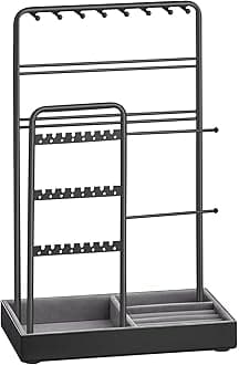 SONGMICS Jewellery Stand, Jewellery Organiser, Jewellery Display Stand with Metal Frame and Velvet Tray, Earring Bracelet Holder, Necklace Stand, for Studs, Rings, Gift Idea, Black JJS021B01