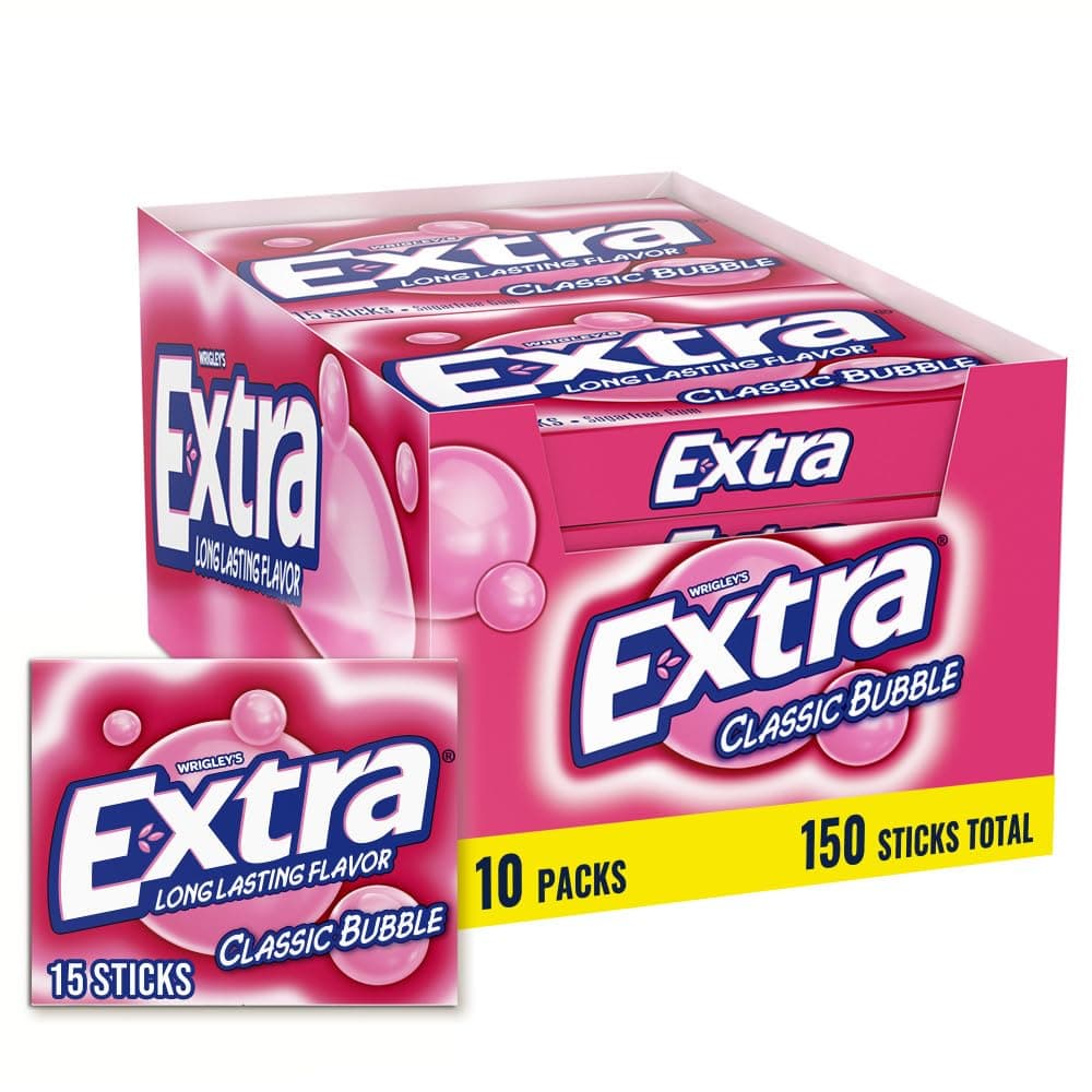 Wrigleys Extra Classic Bubble Sugarfree Chewing Gum 15 Stick Pack Box Of 10 Packs