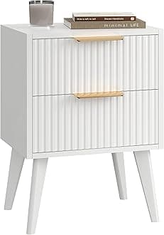 Fluted Nightstand with 2 Drawers,Modern Bedside Table with Metal Handles,White Side Table with Solid Wood Legs,Mid Century End Table for Living Room,Bedroom,White CTG55W