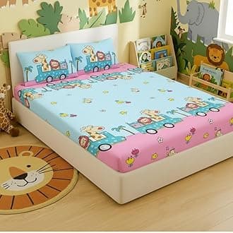 Filymore Kids Animal Train Bedsheet for Girls and Boys Room - Cartoon Print Double Bed Queen Size Tc 240 bedsheet with 2 Pillow Covers (90x90 inches, Peach and SkyBlue)