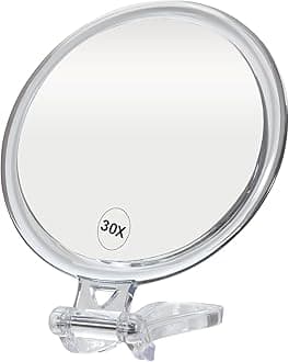 ForPro Professional Collection Expert 30X Magnifying Handheld Mirror, Double-Sided Hand Mirror with Folding Adjustable Handle for Makeup, Travel, Clear